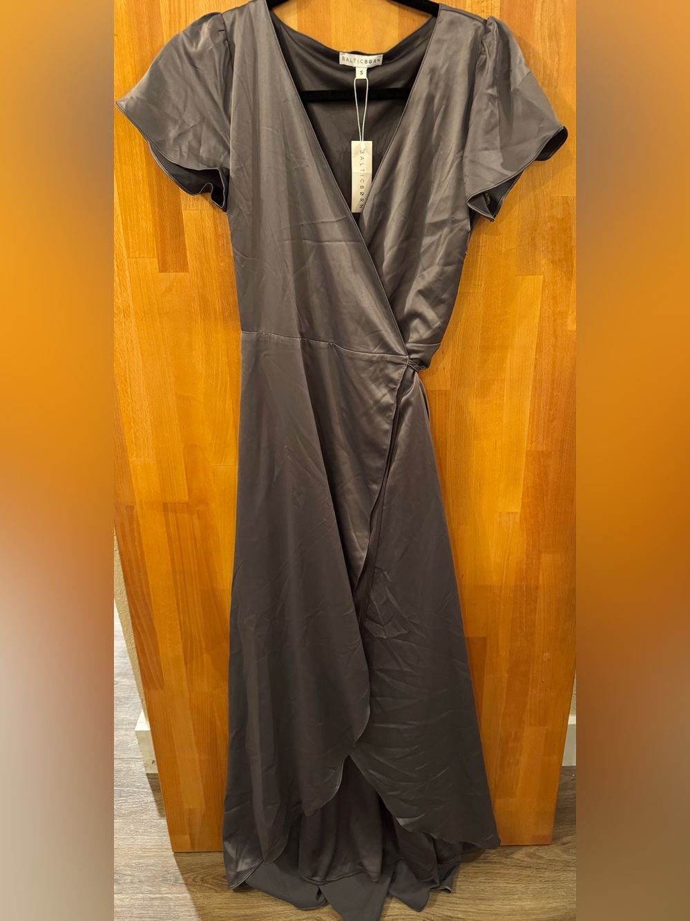 Baltic Born Krystal Charcoal Satin Wrap Gown Small